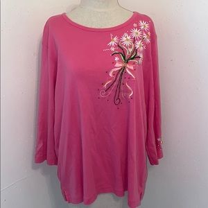 Quacker Factory pink embroidered and beaded shirt